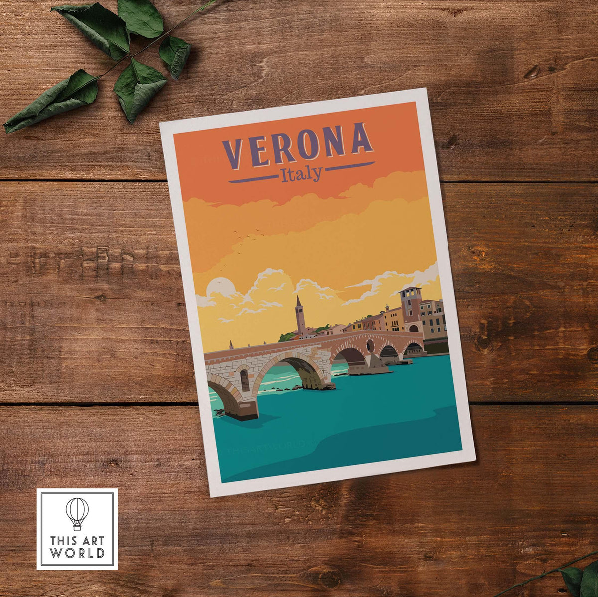 Verona Italy vintage travel poster print with a beautiful sunset over a historic bridge, ideal for home decor.