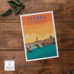 Verona Italy vintage travel poster print with a beautiful sunset over a historic bridge, ideal for home decor.