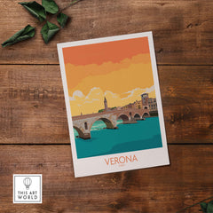 Vintage Verona poster showing iconic bridge and colorful sky, perfect for travel enthusiasts and stylish wall decor.
