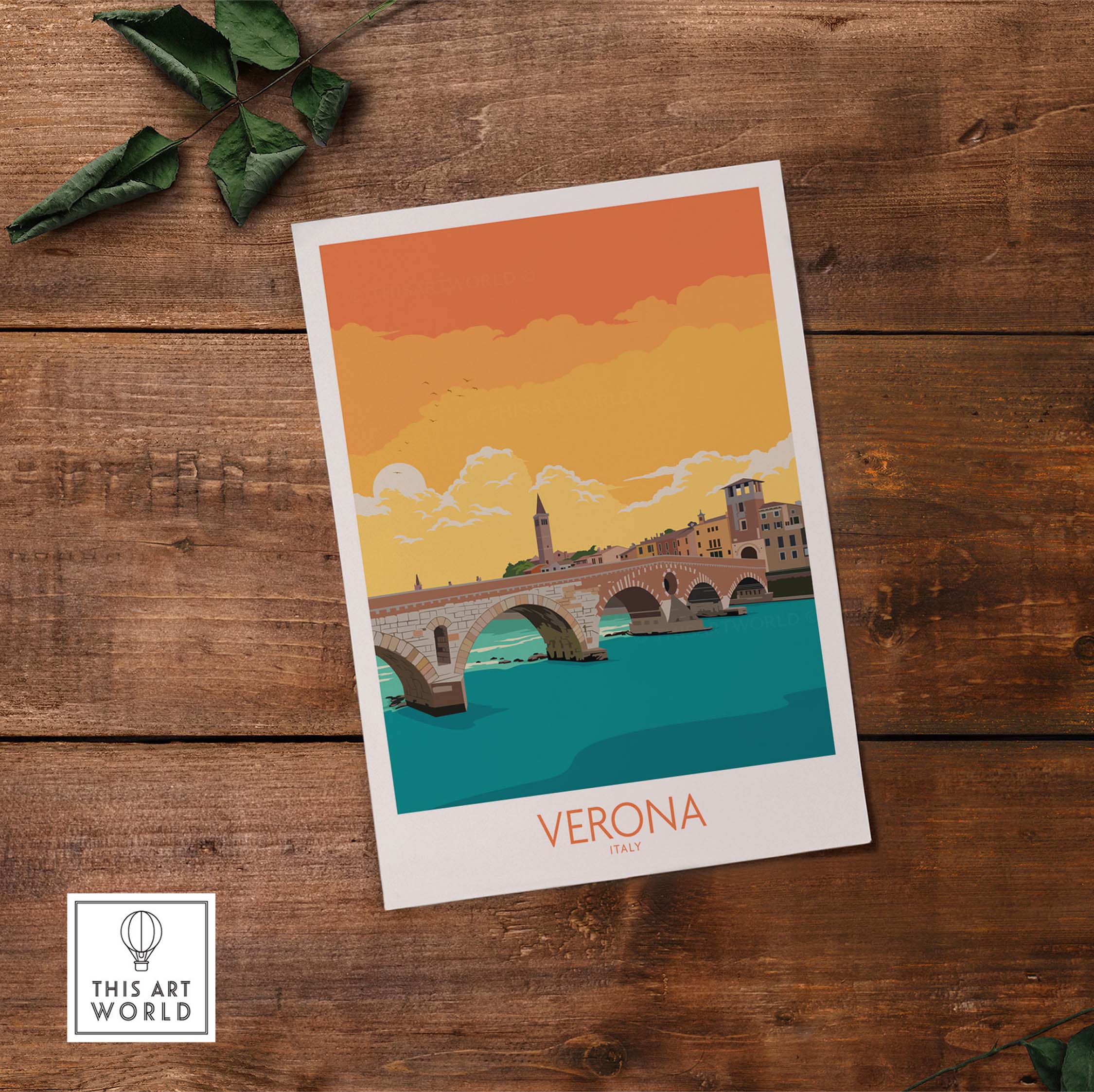 Vintage Verona poster showing iconic bridge and colorful sky, perfect for travel enthusiasts and stylish wall decor.