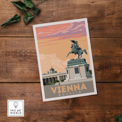 Vienna Poster Austria Print featuring a vintage design with a statue, perfect for travel-inspired wall art.