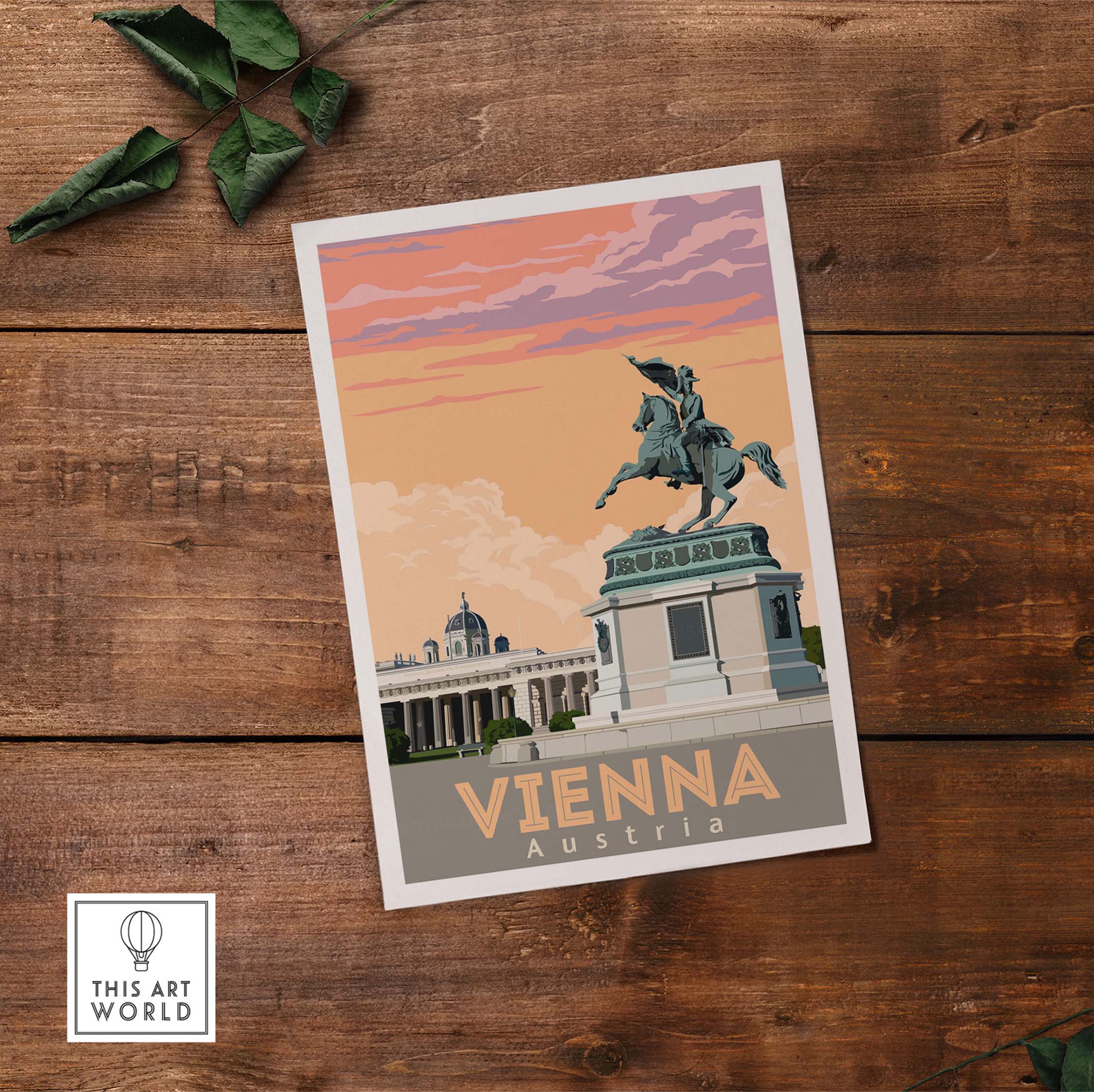 Vienna Poster Austria Print featuring a vintage design with a statue, perfect for travel-inspired wall art.