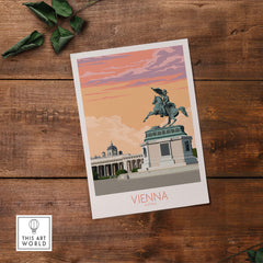 Vienna Print Austria Travel Poster featuring a vintage-style illustration of a statue on horseback at sunset.