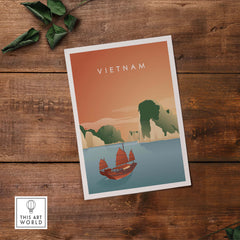 Vintage Vietnam Wall Art Poster featuring Ha Long Bay and traditional boat on a stylish wood background.