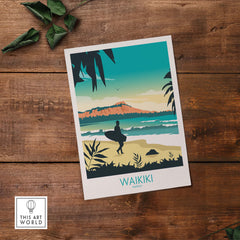 Waikiki Hawaii poster print featuring a surfer at the beach with Diamond Head in the background, vibrant vintage-inspired design.