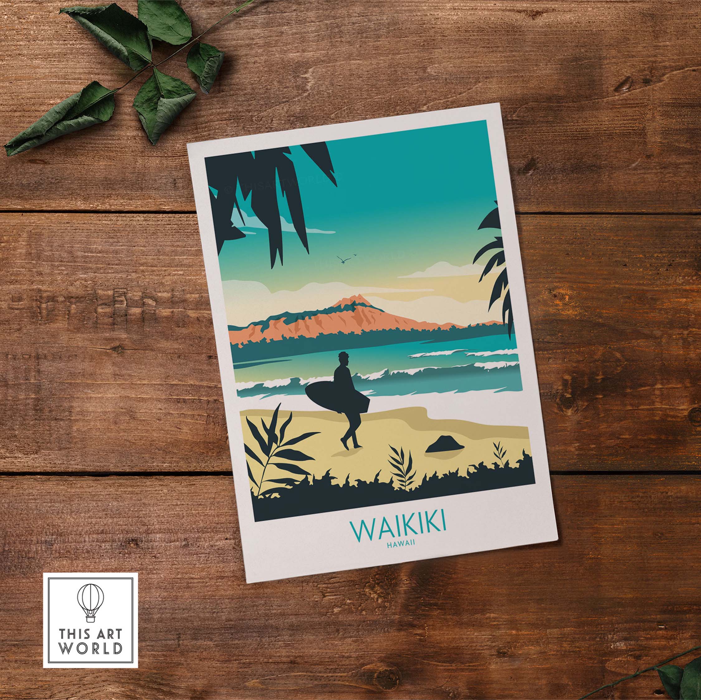 Waikiki Hawaii poster print featuring a surfer at the beach with Diamond Head in the background, vibrant vintage-inspired design.