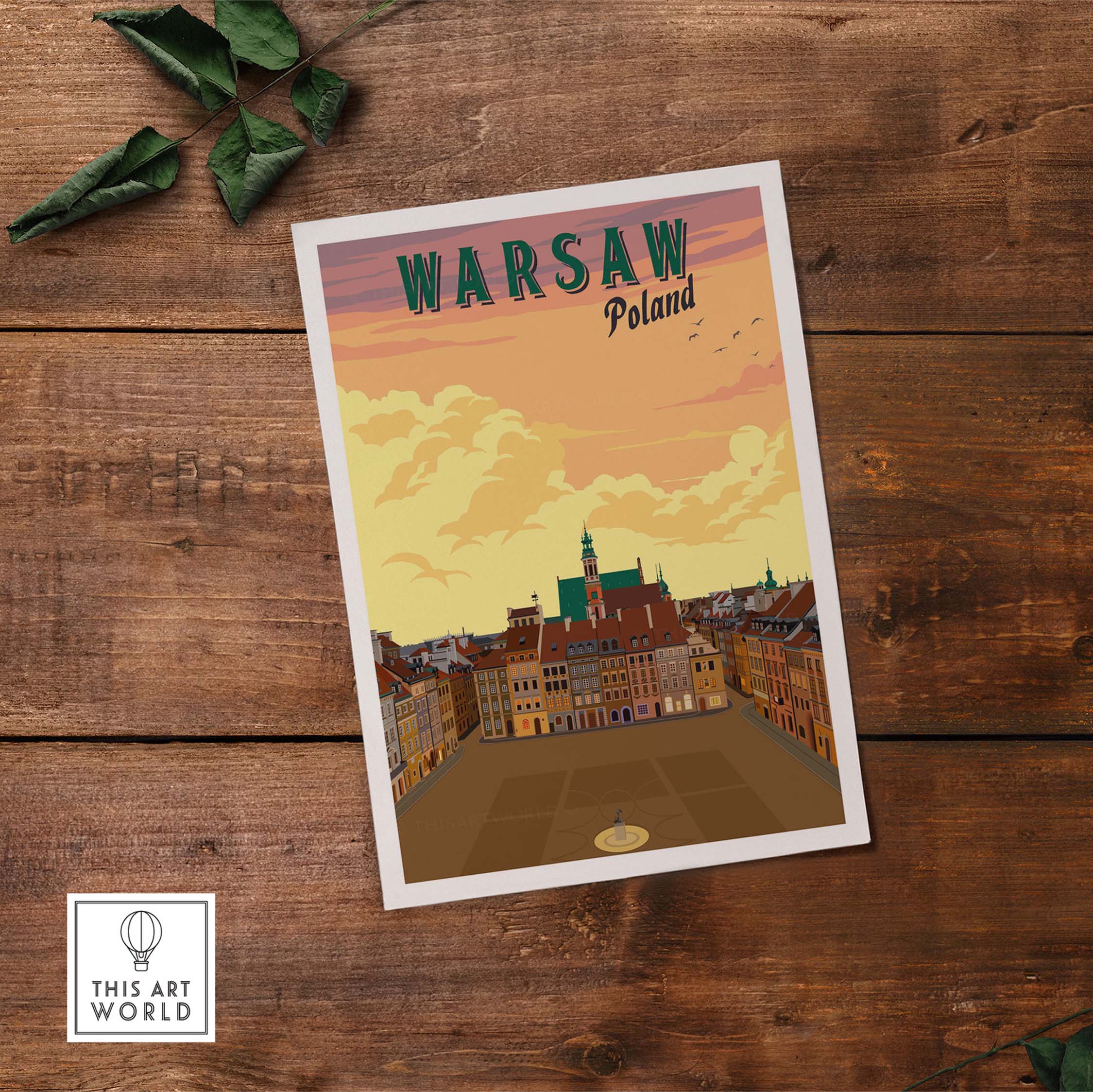 Vintage Warsaw poster showcasing Poland's charming architecture and sunset, perfect for inspiring wanderlust.