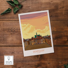 Warsaw Print Poland Poster showcasing colorful vintage travel art inspired by the city's skyline and sunset.