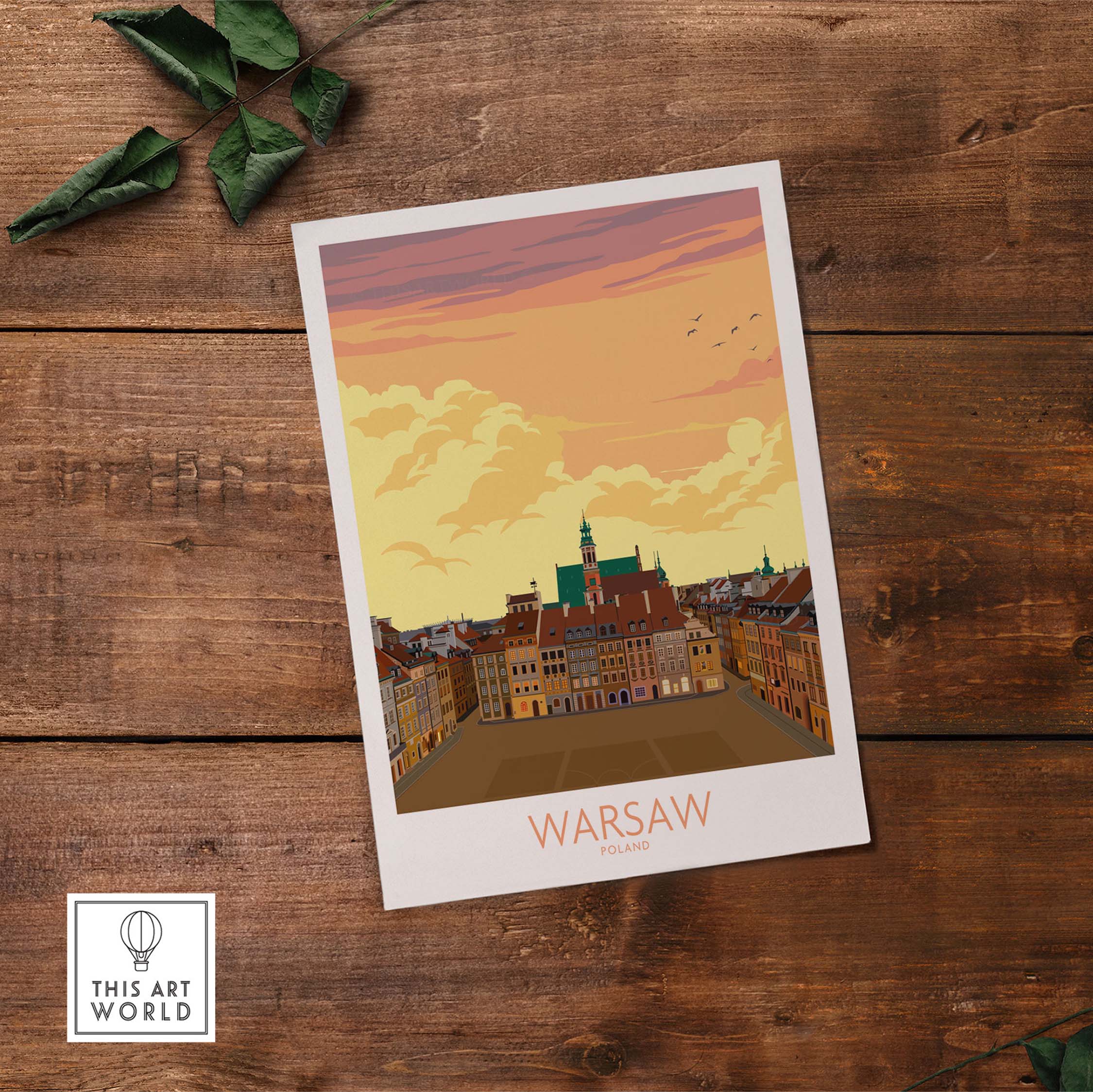 Warsaw Print Poland Poster showcasing colorful vintage travel art inspired by the city's skyline and sunset.