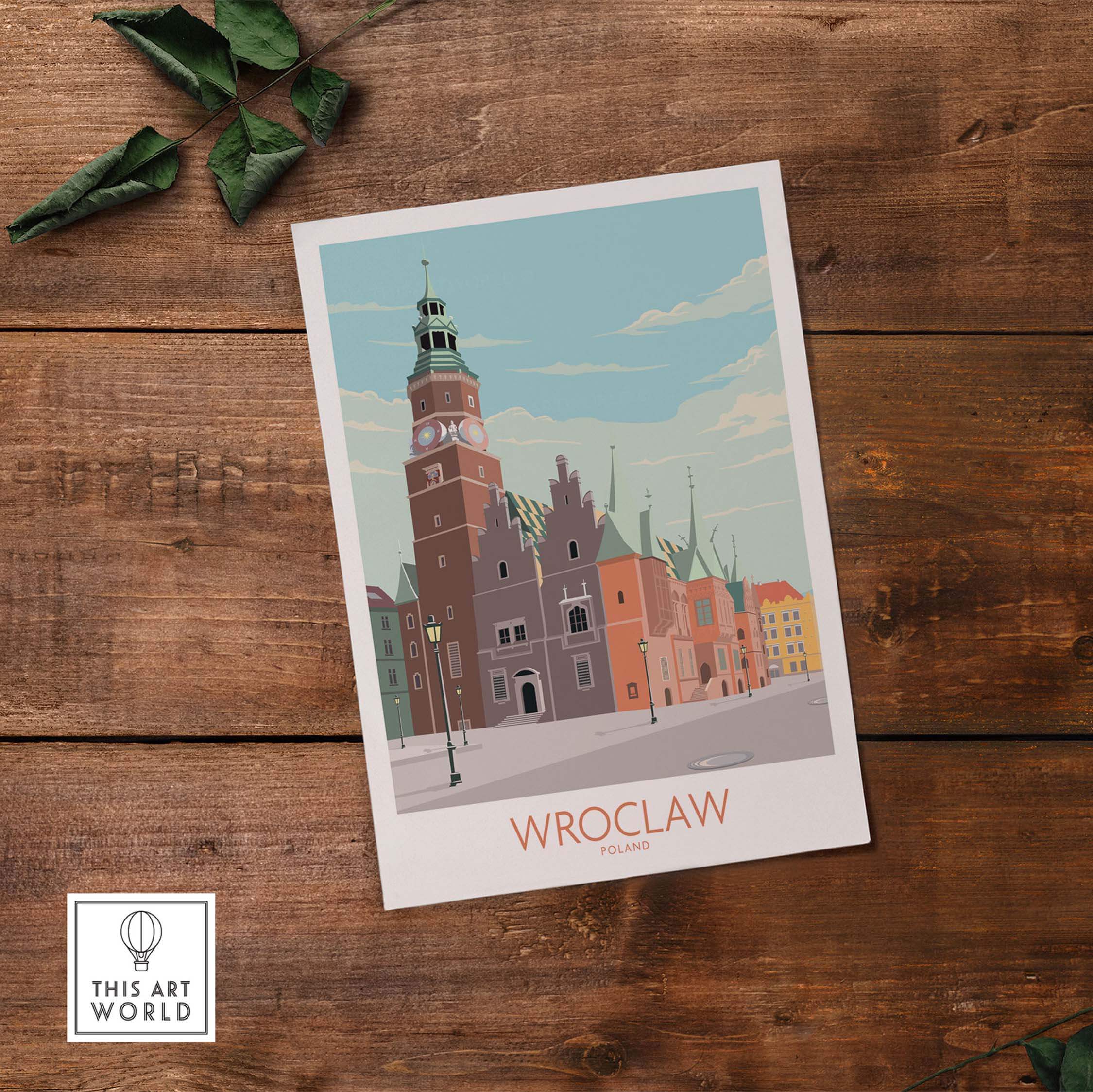 Wroclaw Poland travel poster featuring historical architecture and vibrant colors, perfect for home decor.