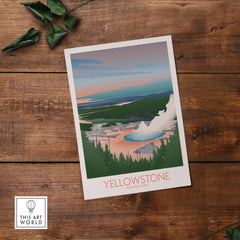 Yellowstone National Park art print featuring minimalist design on wood background.