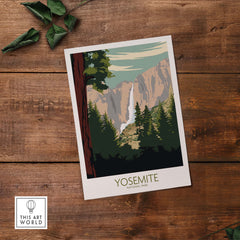 Yosemite National Park poster print showcasing vintage-inspired mountain landscape and forest design.