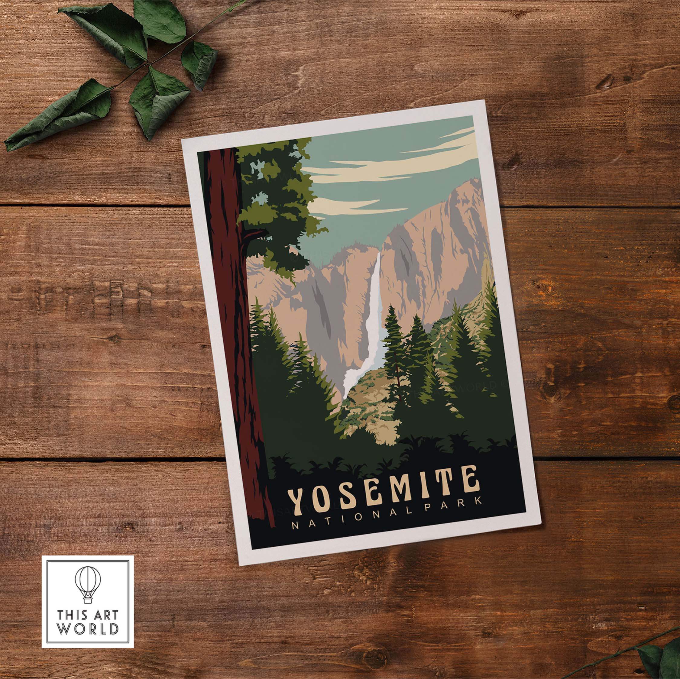 Yosemite National Park vintage-style print featuring mountains and trees on wooden background.