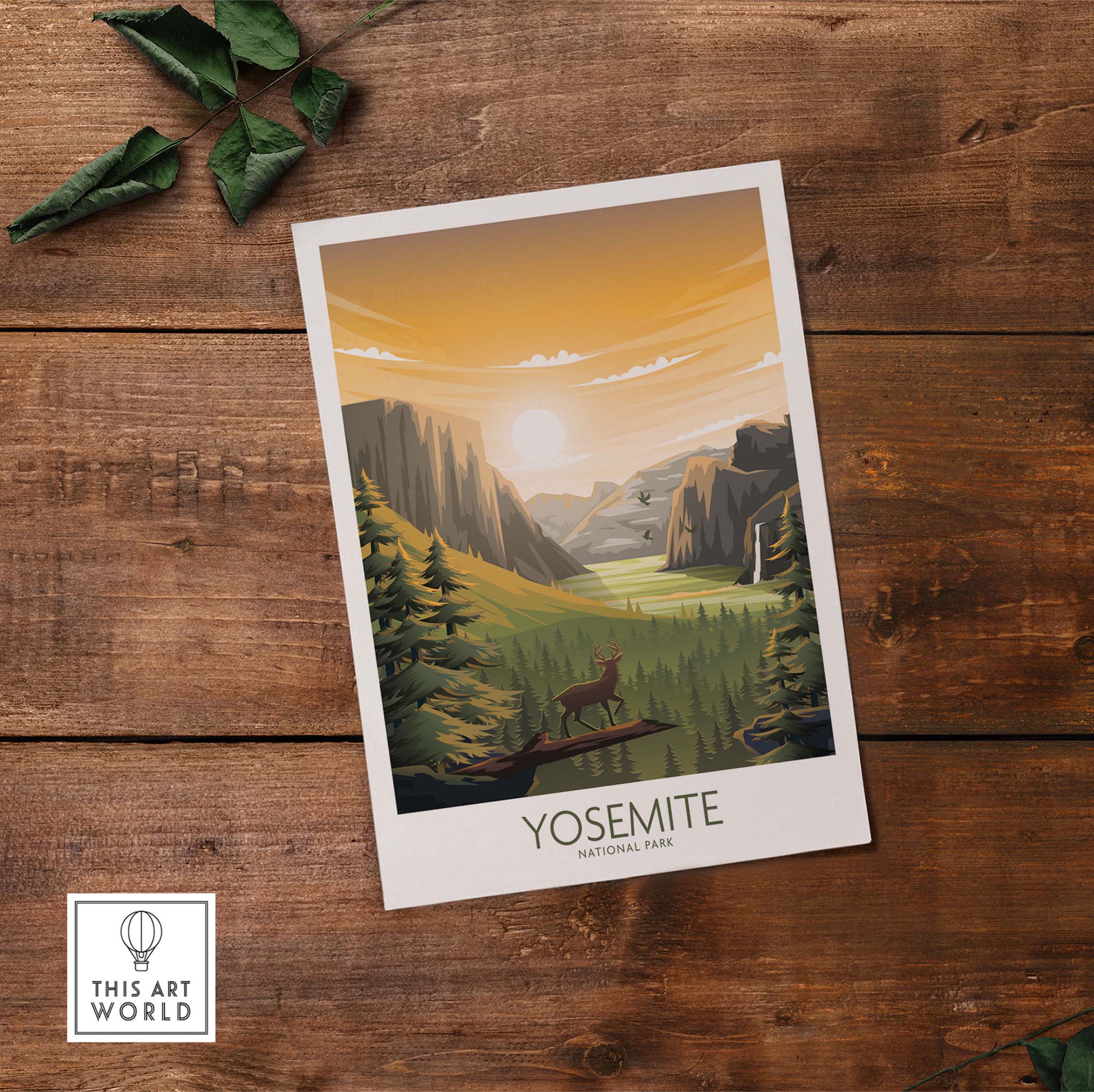Yosemite National Park poster featuring a deer against a scenic sunset backdrop, perfect for home or office decor.