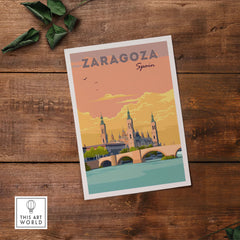 Zaragoza Spain vintage travel print showcasing iconic architecture and warm sunset hues, perfect for home or office decor.
