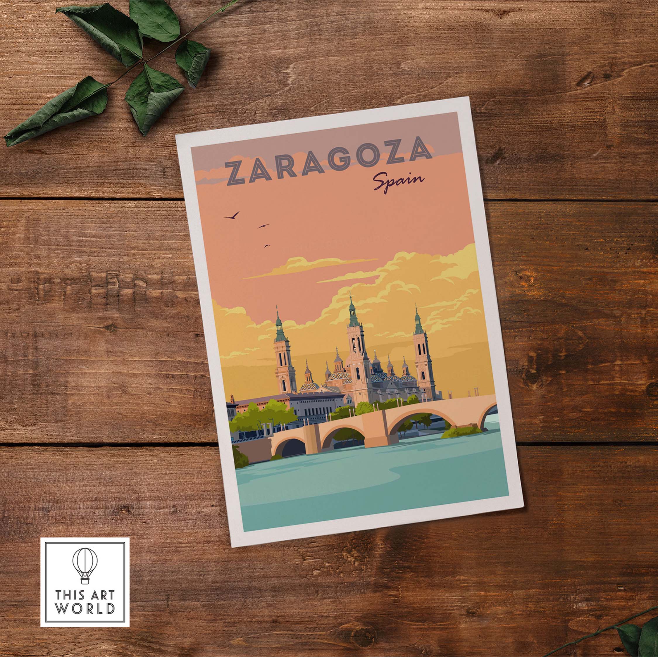 Zaragoza Spain vintage travel print showcasing iconic architecture and warm sunset hues, perfect for home or office decor.