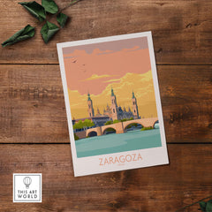Zaragoza Spain poster showcasing vintage-style artwork with a scenic view of the city at sunset.