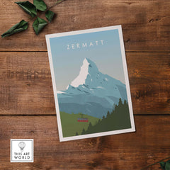 Zermatt Print Wall Art Poster featuring a mountain and cable car, perfect for home or office decor.