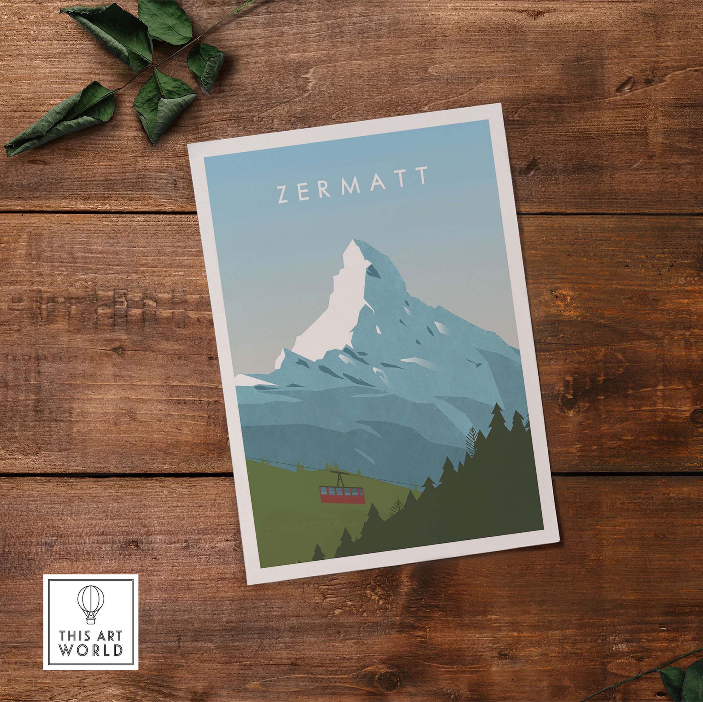 Zermatt Print Wall Art Poster featuring a mountain and cable car, perfect for home or office decor.