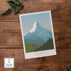 Zermatt poster print featuring the Matterhorn peak in a vintage travel art style for home or office decor.