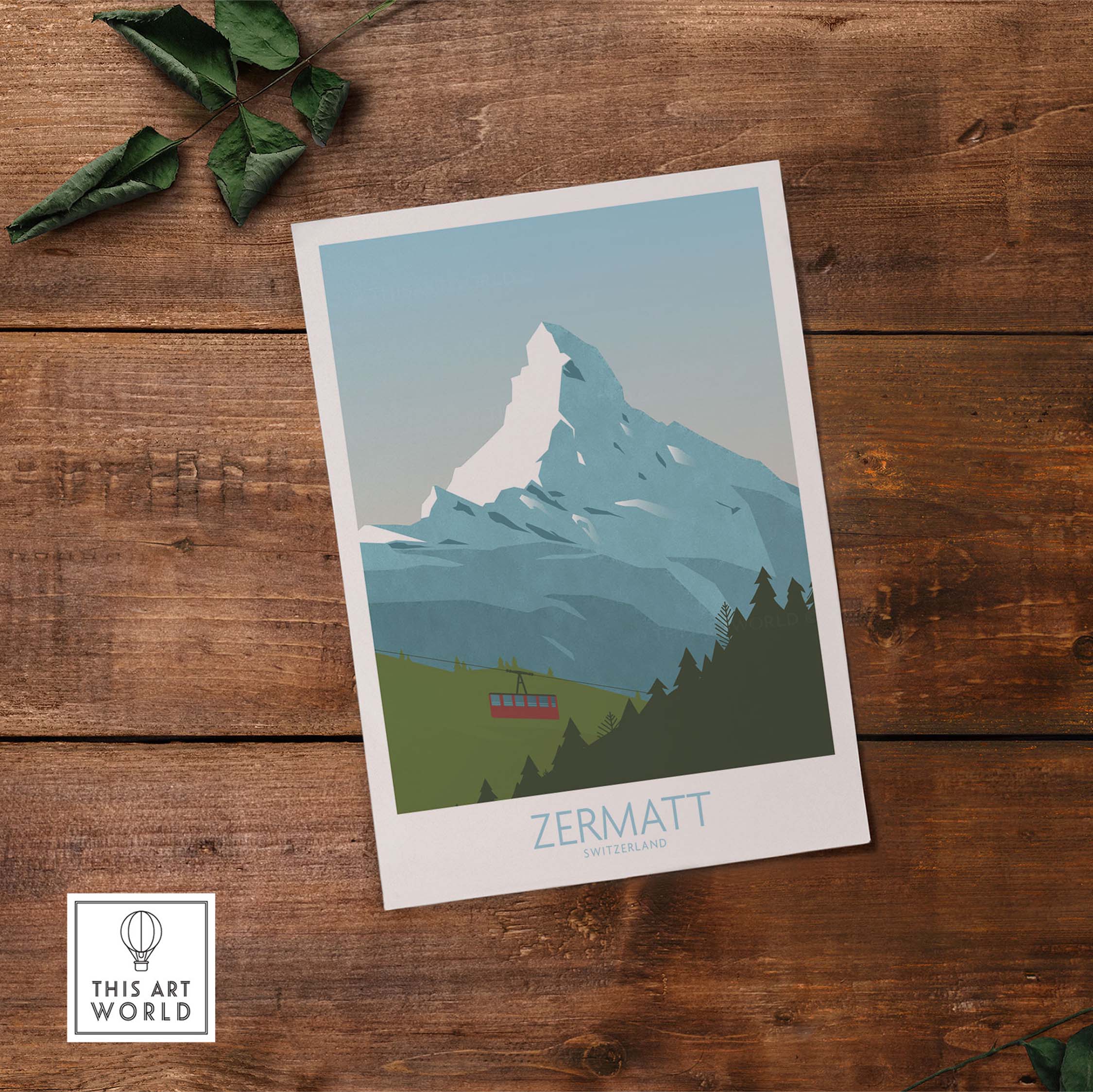 Zermatt poster print featuring the Matterhorn peak in a vintage travel art style for home or office decor.