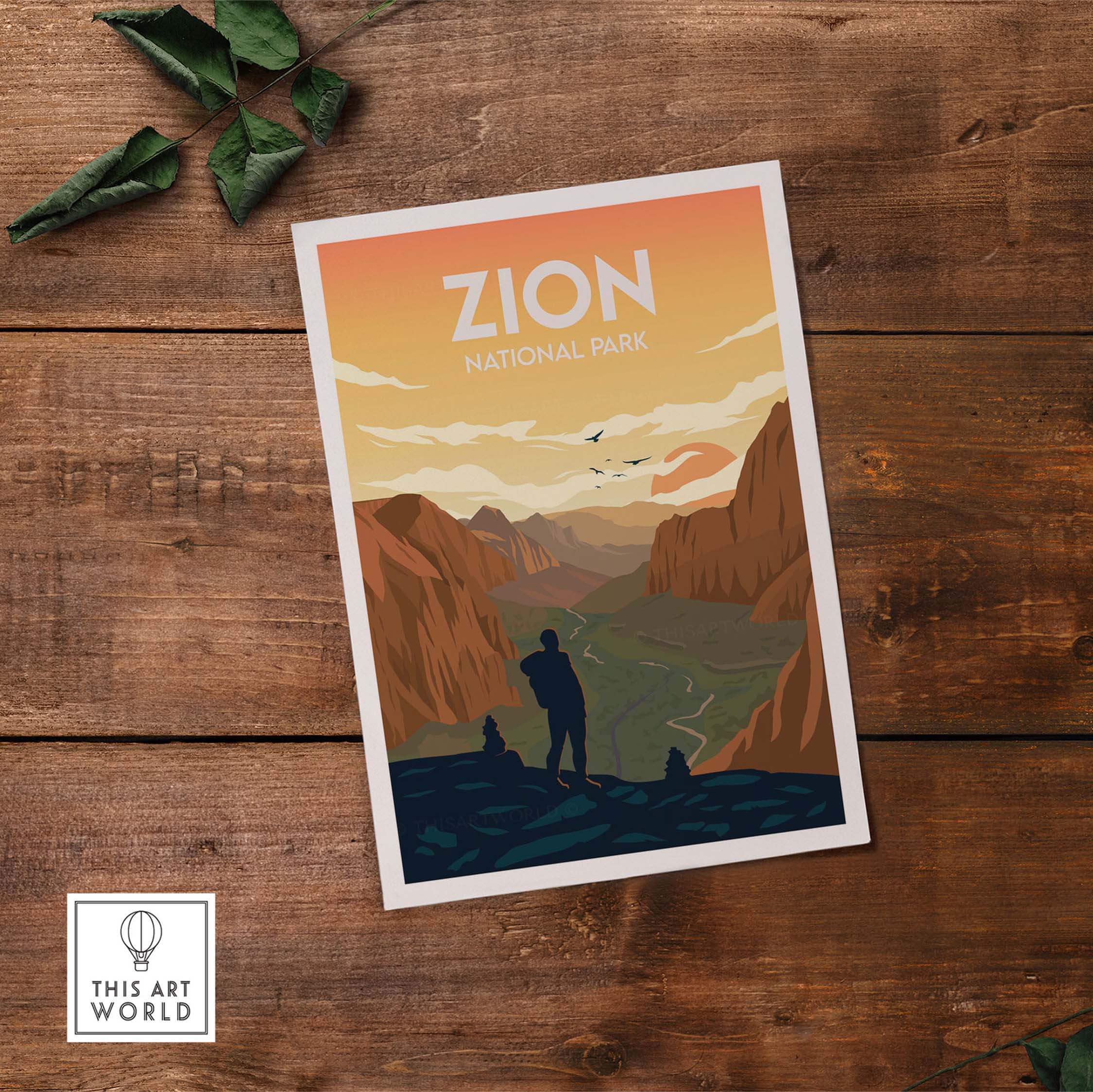 Zion National Park poster featuring a minimalist design, perfect for travel and nature enthusiasts.