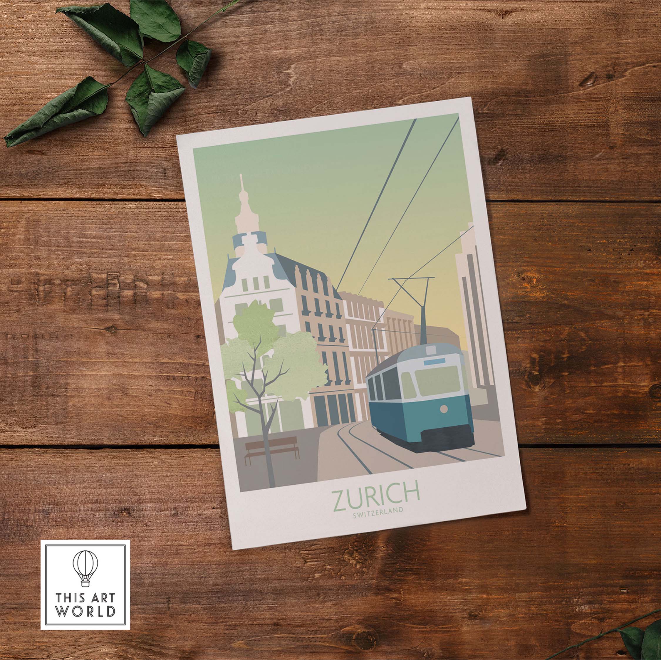 Zurich Print Travel Poster showcasing a vintage tram scene in Switzerland, perfect for wanderlust and home decor.