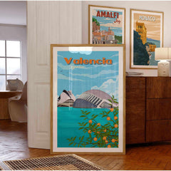 Valencia wall art print showcasing the cityscape and oranges, perfect for travel lovers and vintage decor.