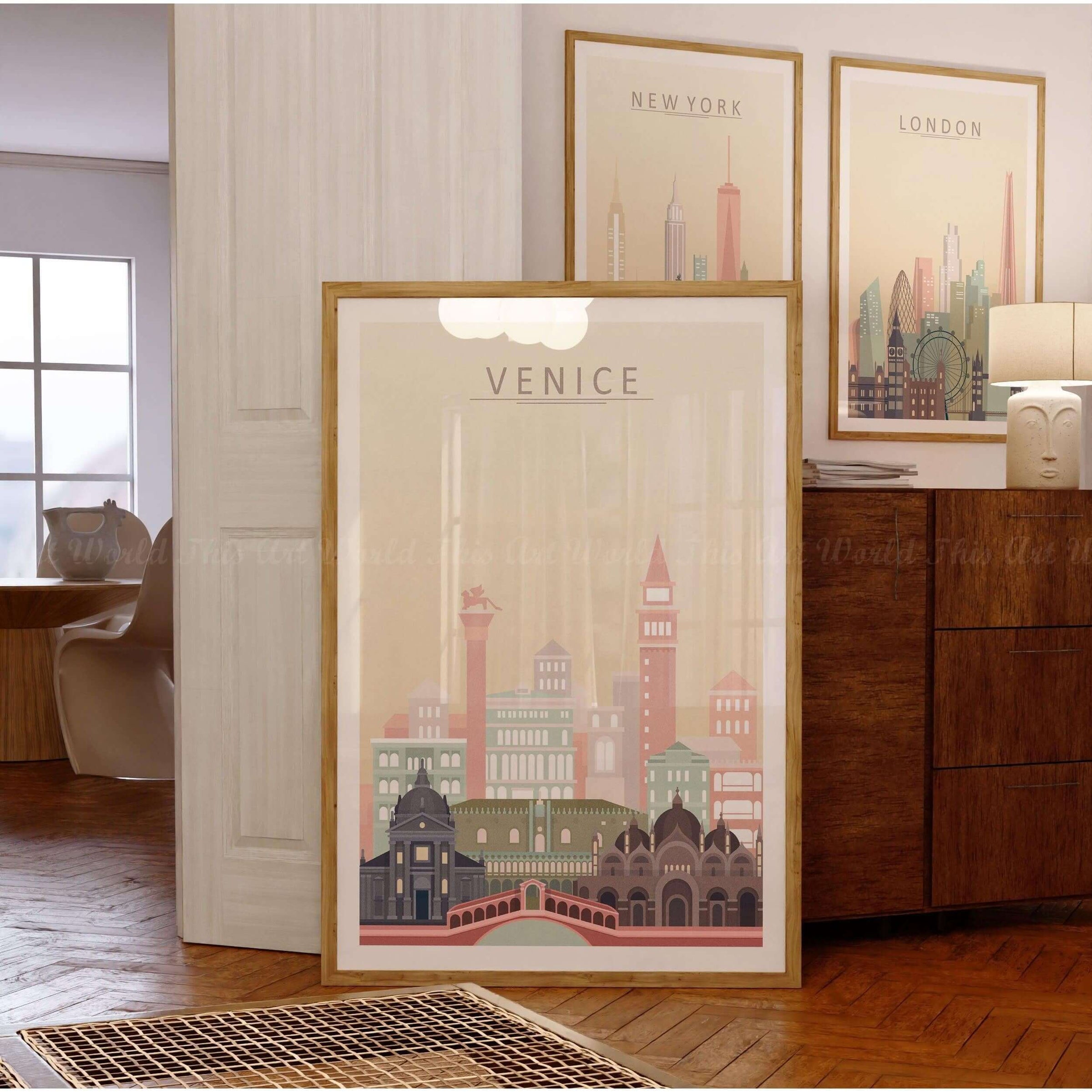 Venice city skyline wall art print in a stylish frame, showcasing iconic architecture in warm pastel tones.
