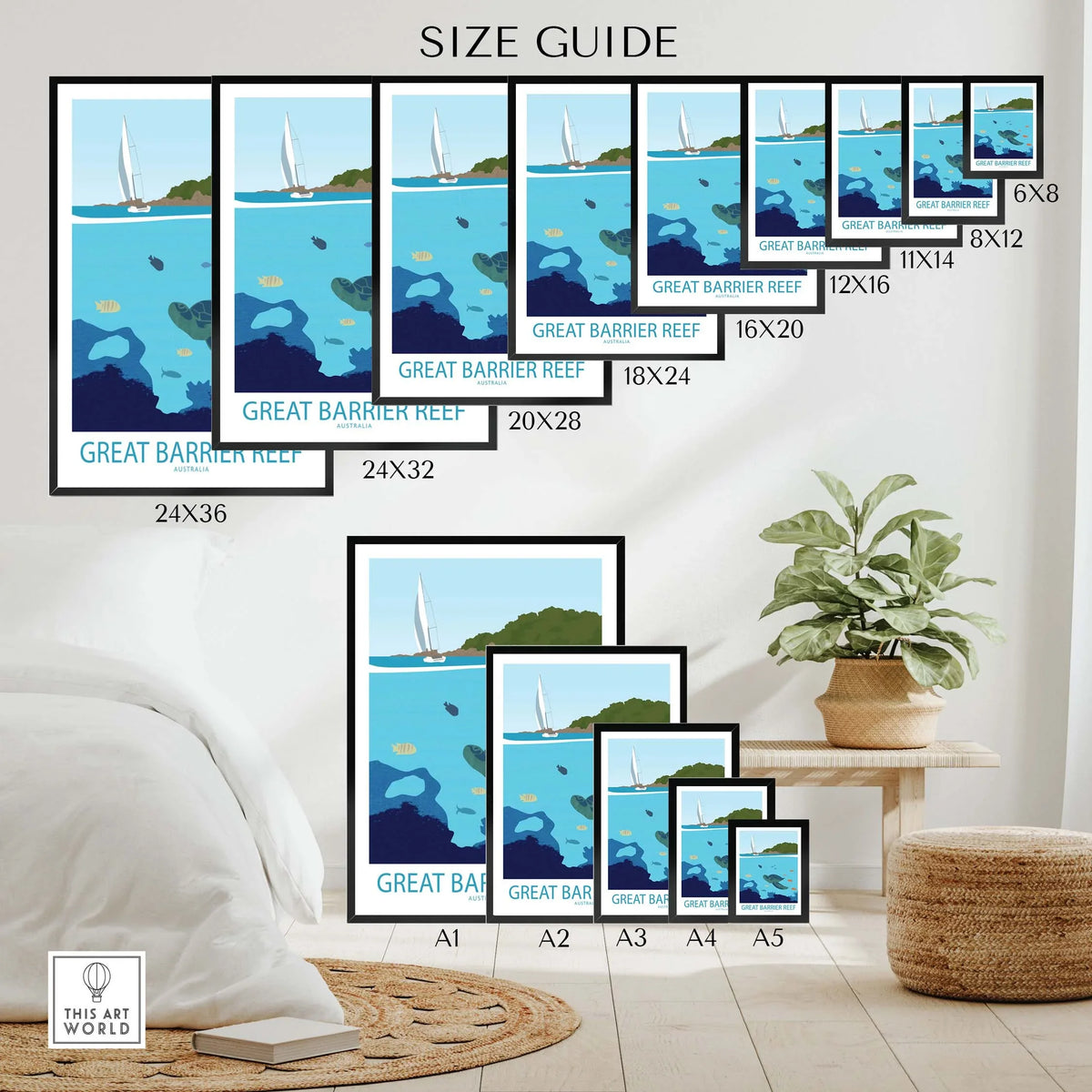 Great Barrier Reef poster size guide showcasing various frame dimensions in a stylish, minimalist living space.