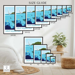 Great Barrier Reef poster size guide showcasing various frame dimensions in a stylish, minimalist living space.