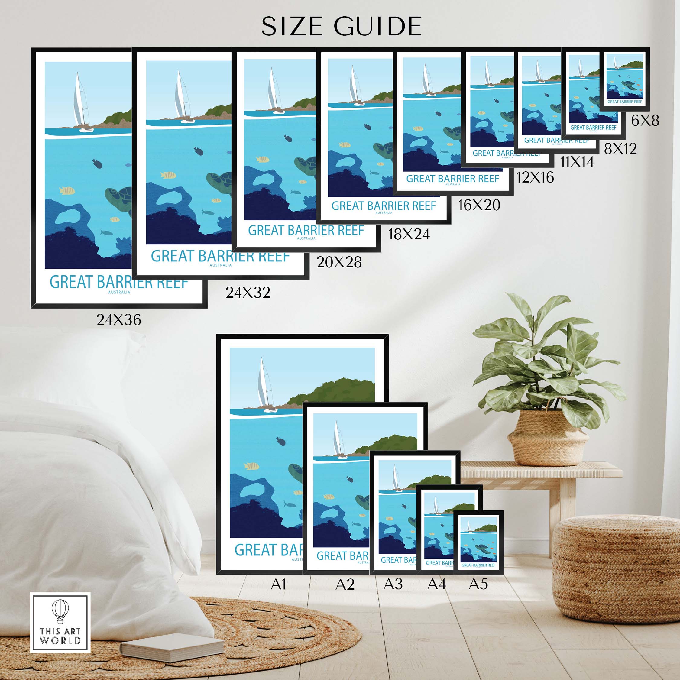 Great Barrier Reef poster size guide showcasing various frame dimensions in a stylish, minimalist living space.