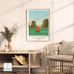 Ha Long Bay vintage travel poster in minimalist style displayed in a stylish home setting.