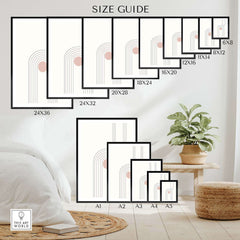 Size guide for Abstract Art Prints showcasing various dimensions displayed in a stylish home setting.
