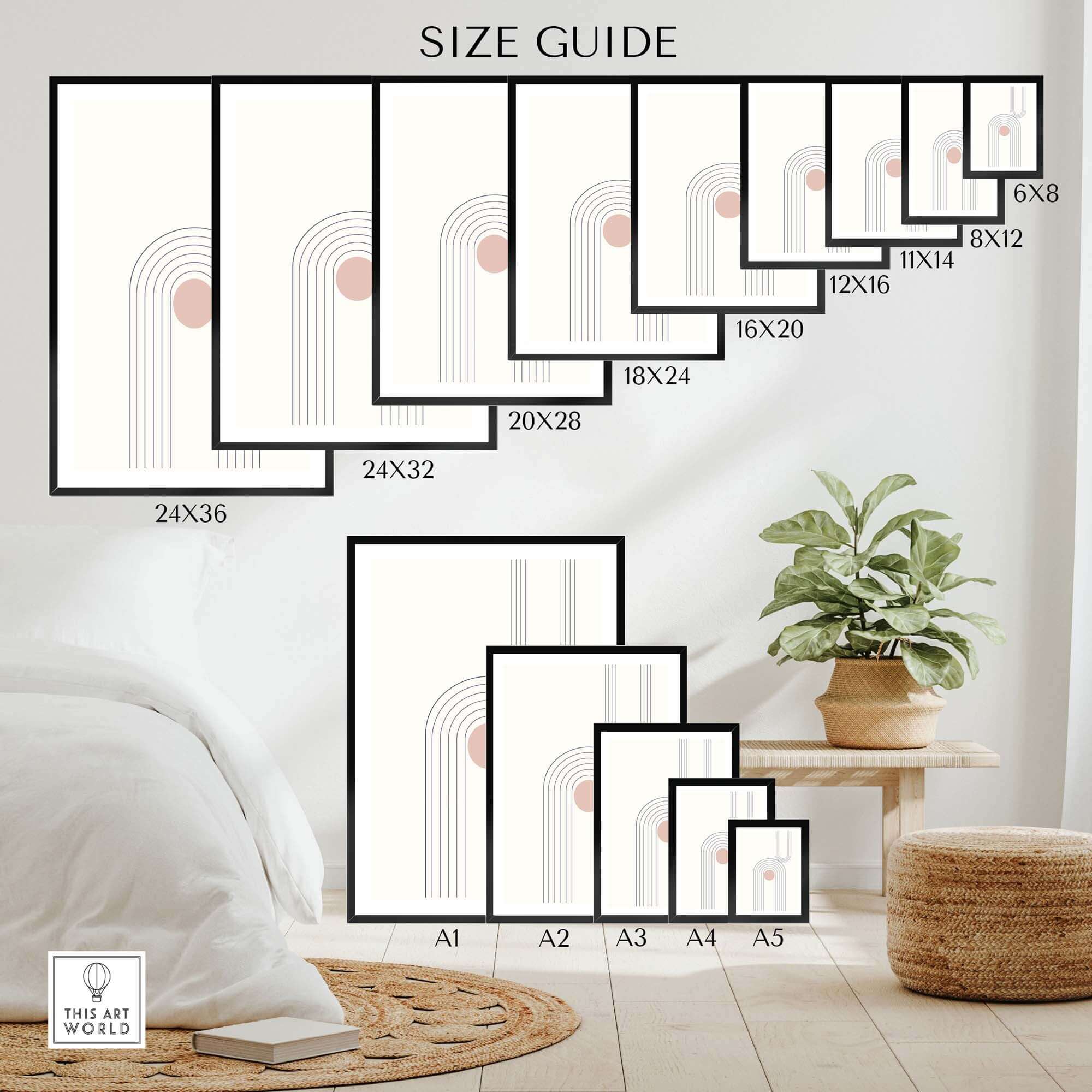 Size guide for Abstract Art Prints showcasing various dimensions displayed in a stylish home setting.