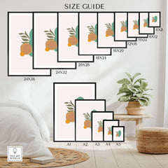 Size guide for Mid Century wall art prints in various frames, displaying dimensions for home decor.