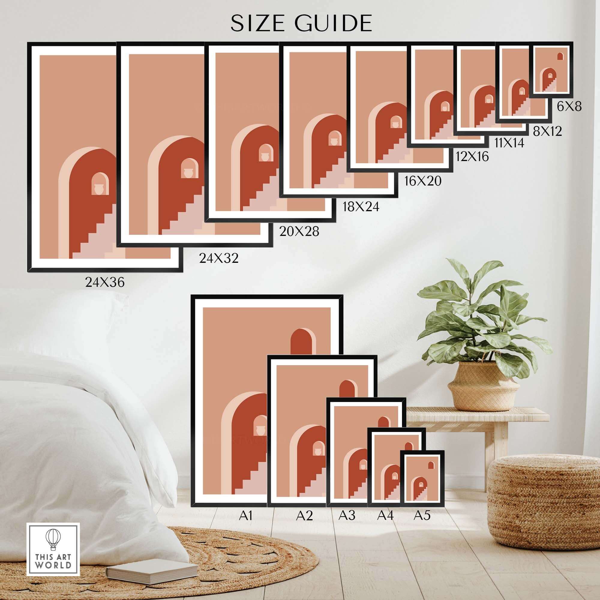 Size guide for Mid Century Prints showcasing various frame sizes and a stylish indoor setting.
