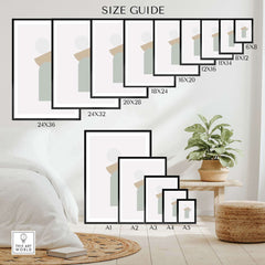 Size guide for abstract wall art prints in various dimensions displayed in a styled room setting.
