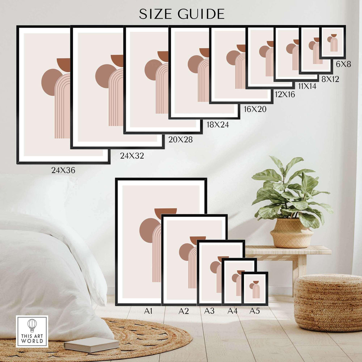 Size guide for abstract drawing print showcasing various frame sizes for stylish home decor.