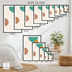 Size guide for abstract digital prints with various frame dimensions displayed in a modern living space.