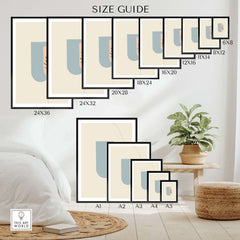 Size guide showcasing various dimensions for Boho Art Prints in a stylish interior setting.