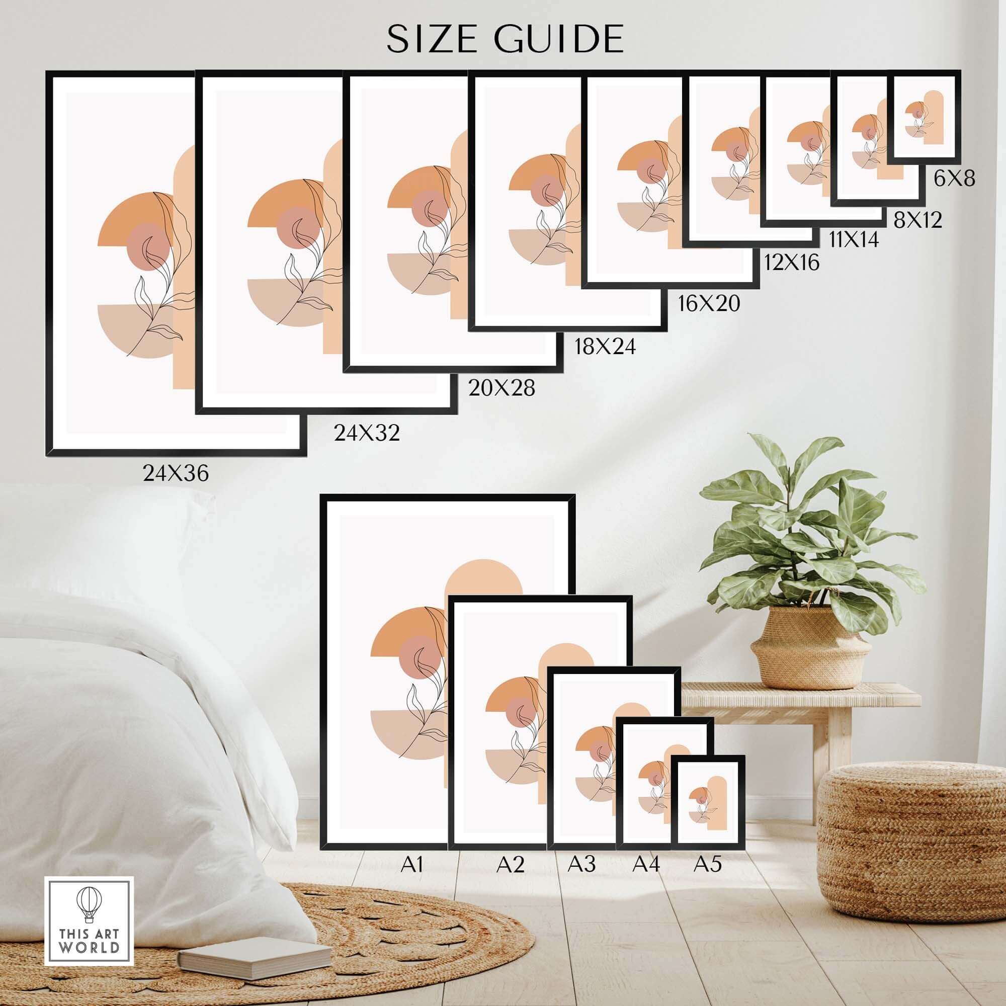 Mid Century Print size guide with various frame options and styles displayed in a modern interior setting.