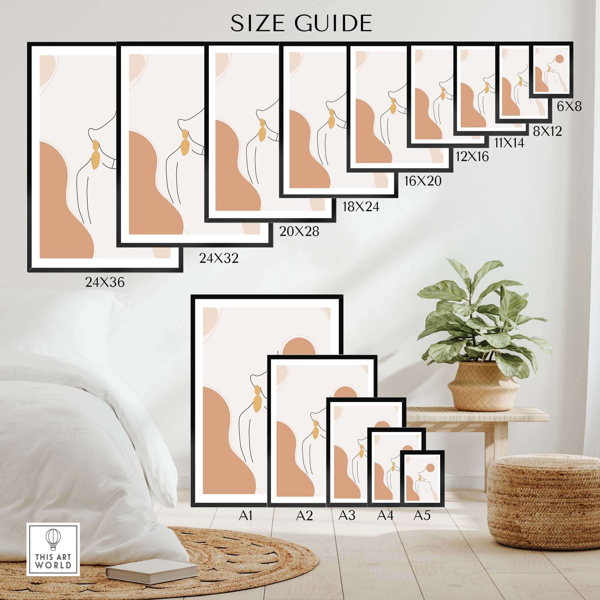 Size guide for abstract female outline print, showcasing dimensions for various frame sizes in a stylish room.
