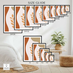 Size guide for Leaf Wall Art prints displaying dimensions and styles, framed and unframed options.