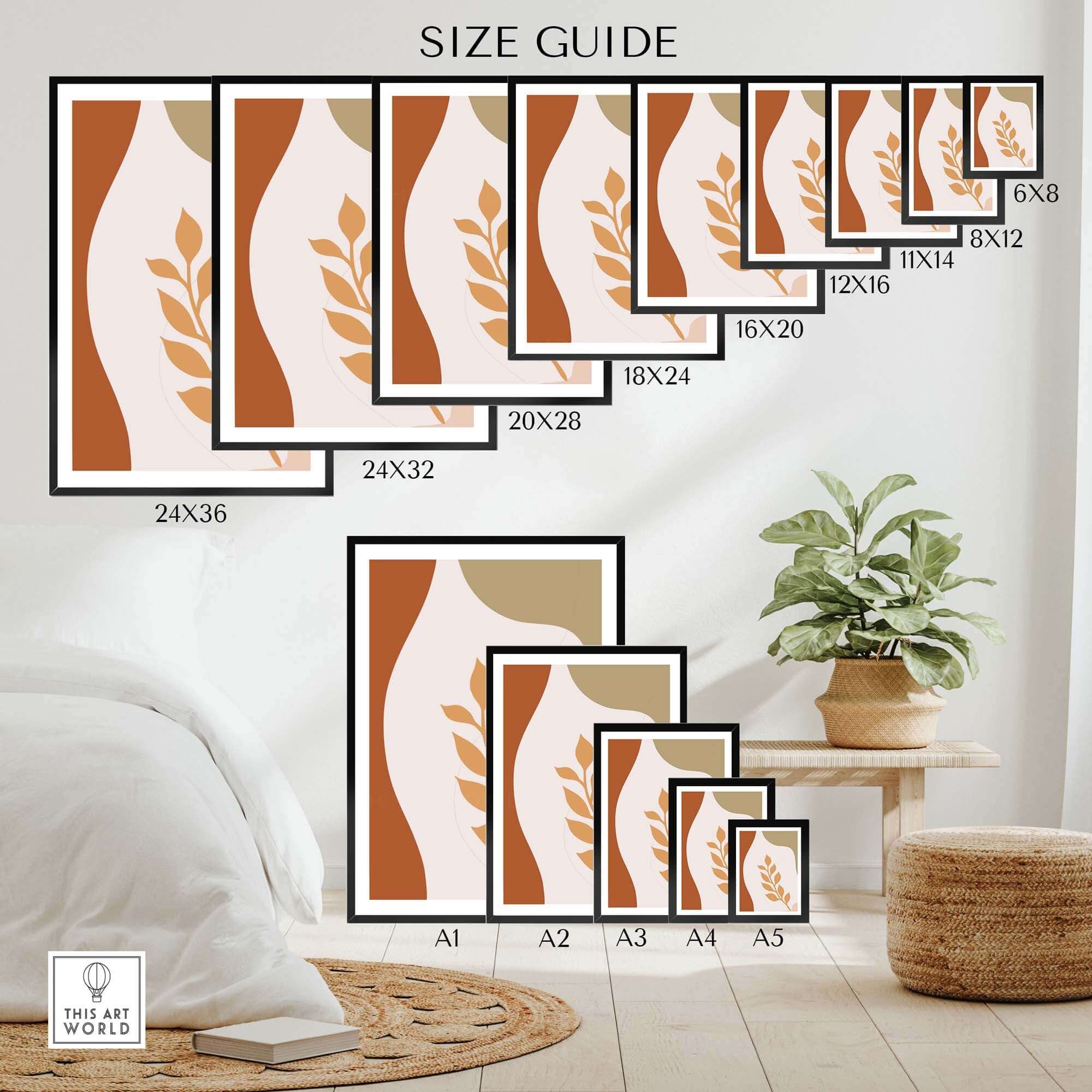 Size guide for Leaf Wall Art prints displaying dimensions and styles, framed and unframed options.