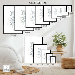 Size guide for Leaf Art Prints showcasing various dimensions and framing options displayed in a stylish interior setting.