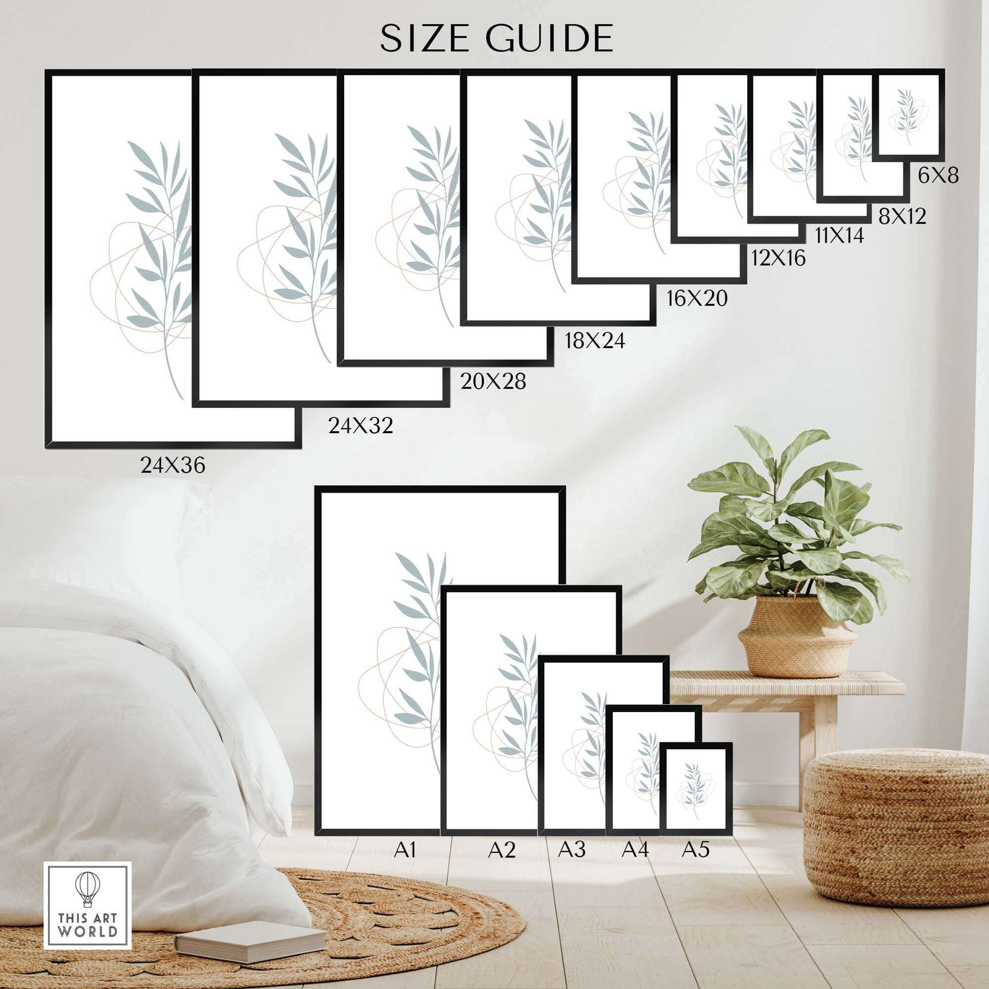 Size guide for Leaf Art Prints showcasing various dimensions and framing options displayed in a stylish interior setting.