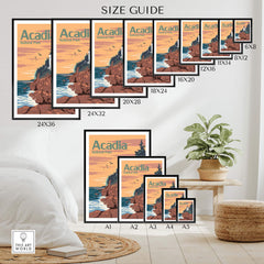 Size guide for Acadia National Park Poster in various frame sizes, enhancing your home decor.