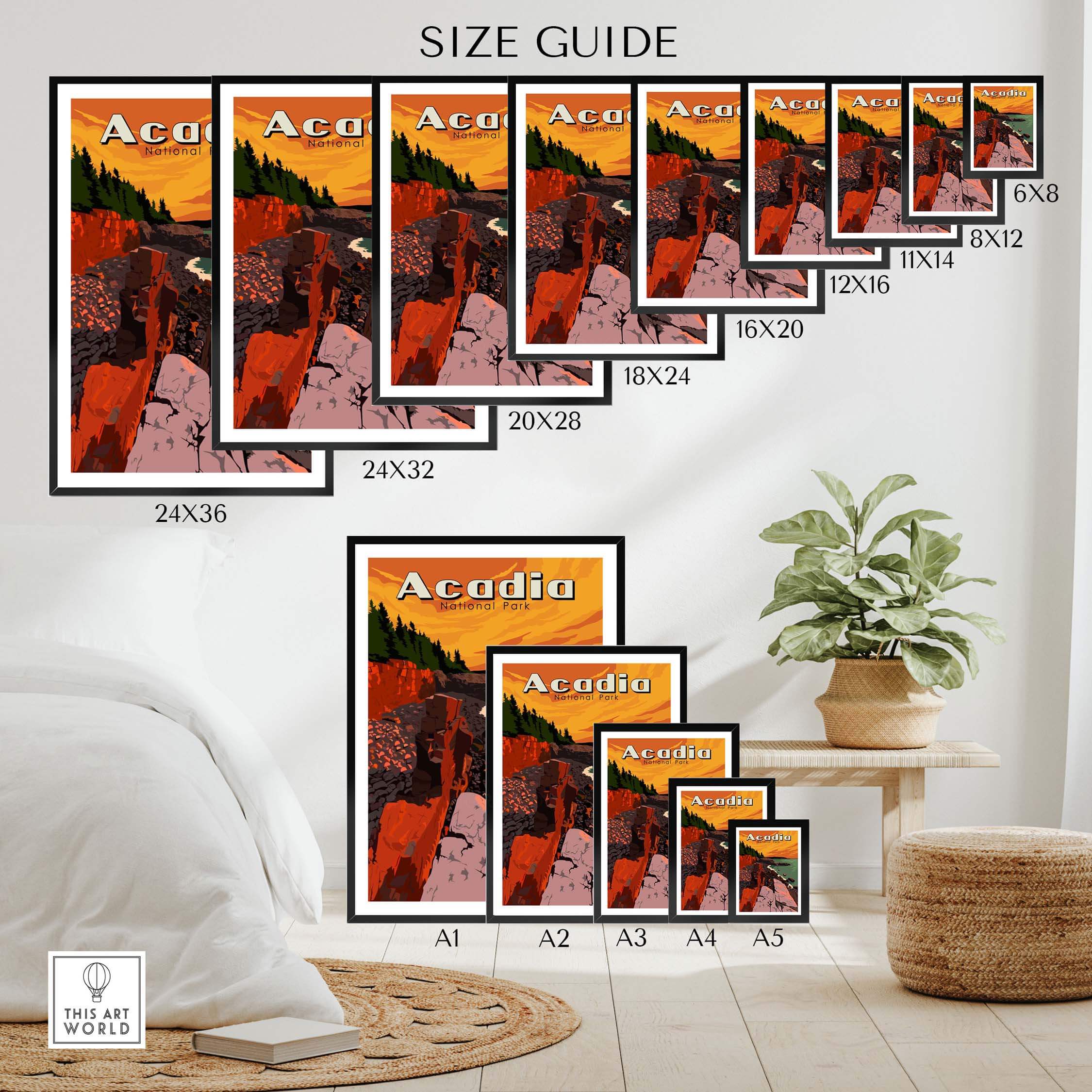 Size guide for Acadia National Park Print, showcasing various frame sizes and styles for home or office decor.