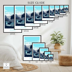 Alaska travel poster size guide showcasing various print sizes in a stylish home setting.